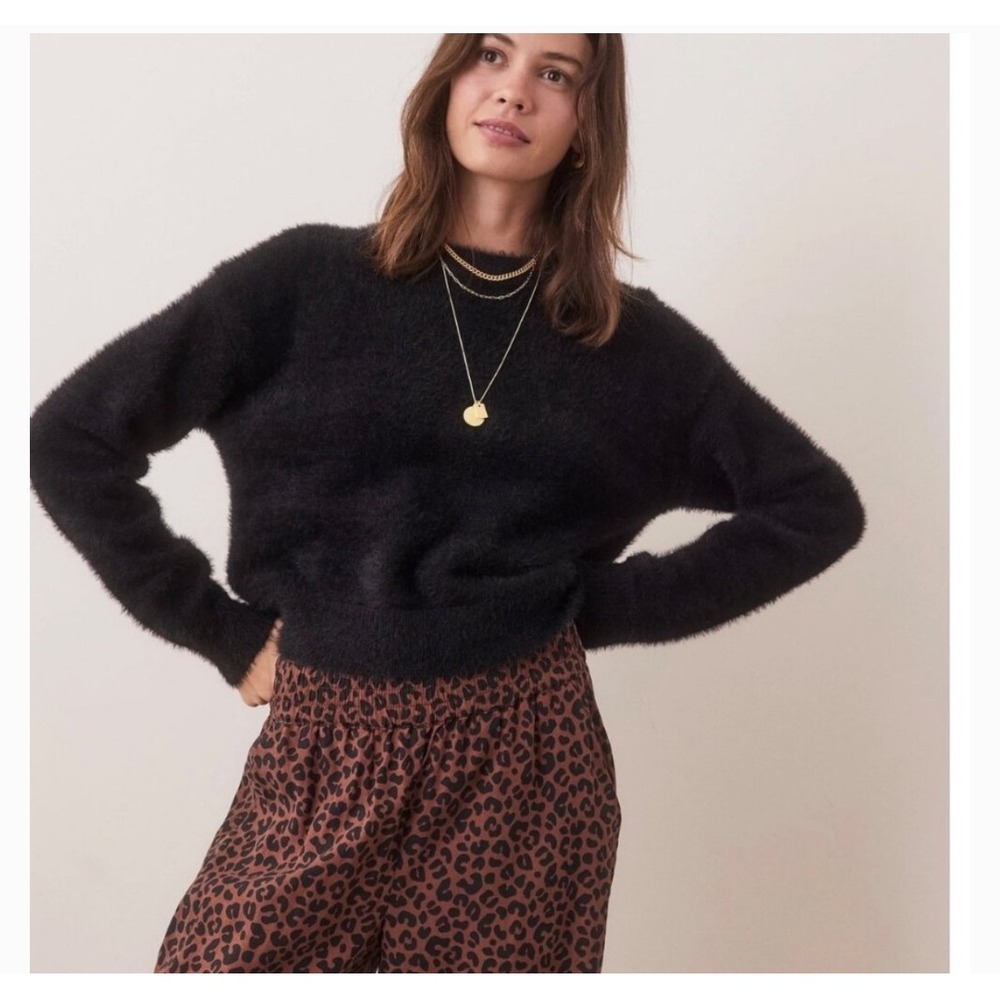 Marine Layer Teddy Eyelash Crop Sweater Women XS Black Merino Wool Blend LUXE 🔥